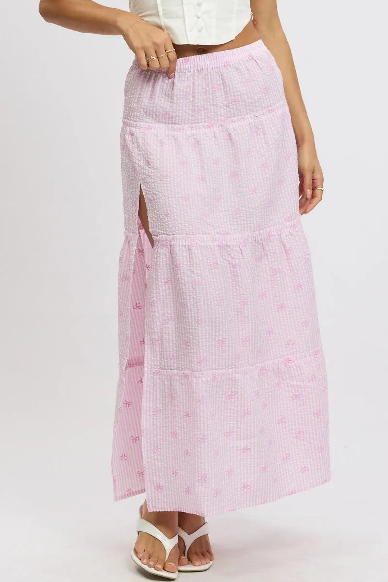 Soft Styling City Ready Pink Stripe Tiered Maxi Skirt Elastic Waist Slit Ruffle