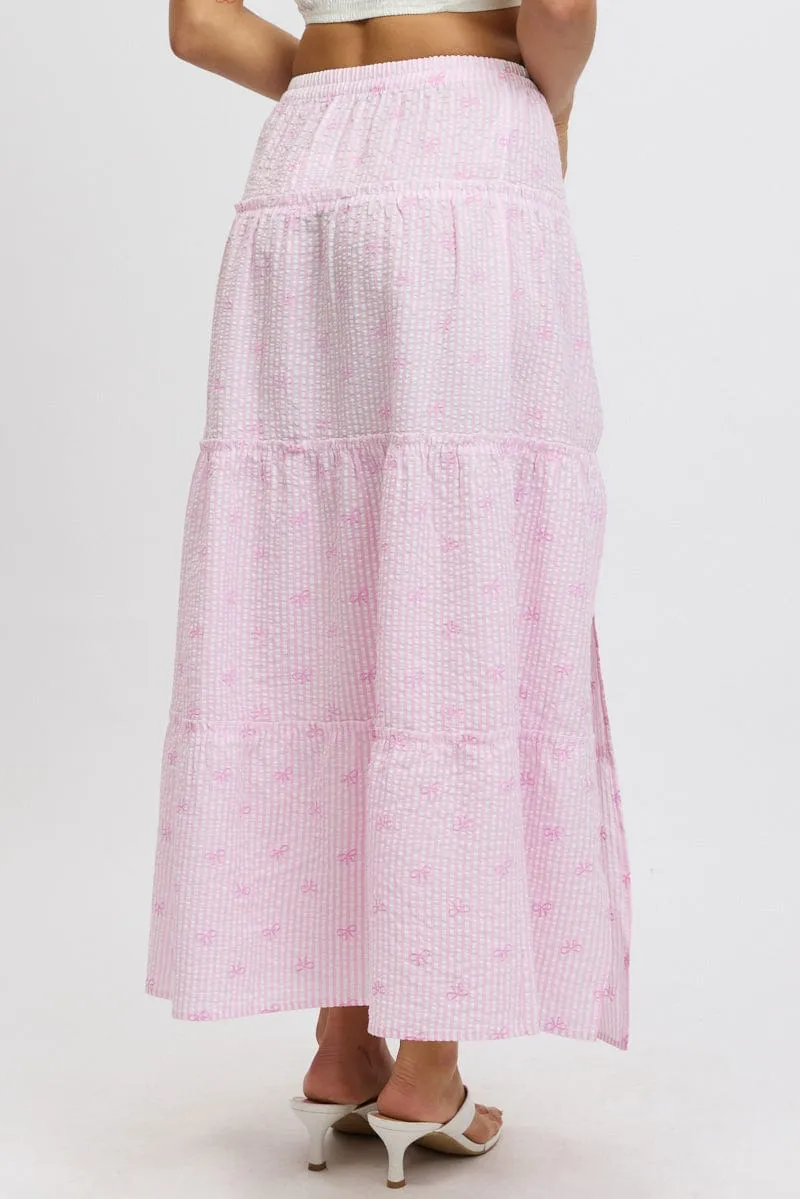 Pink Stripe Tiered Maxi Skirt Elastic Waist Slit Ruffle City Tones