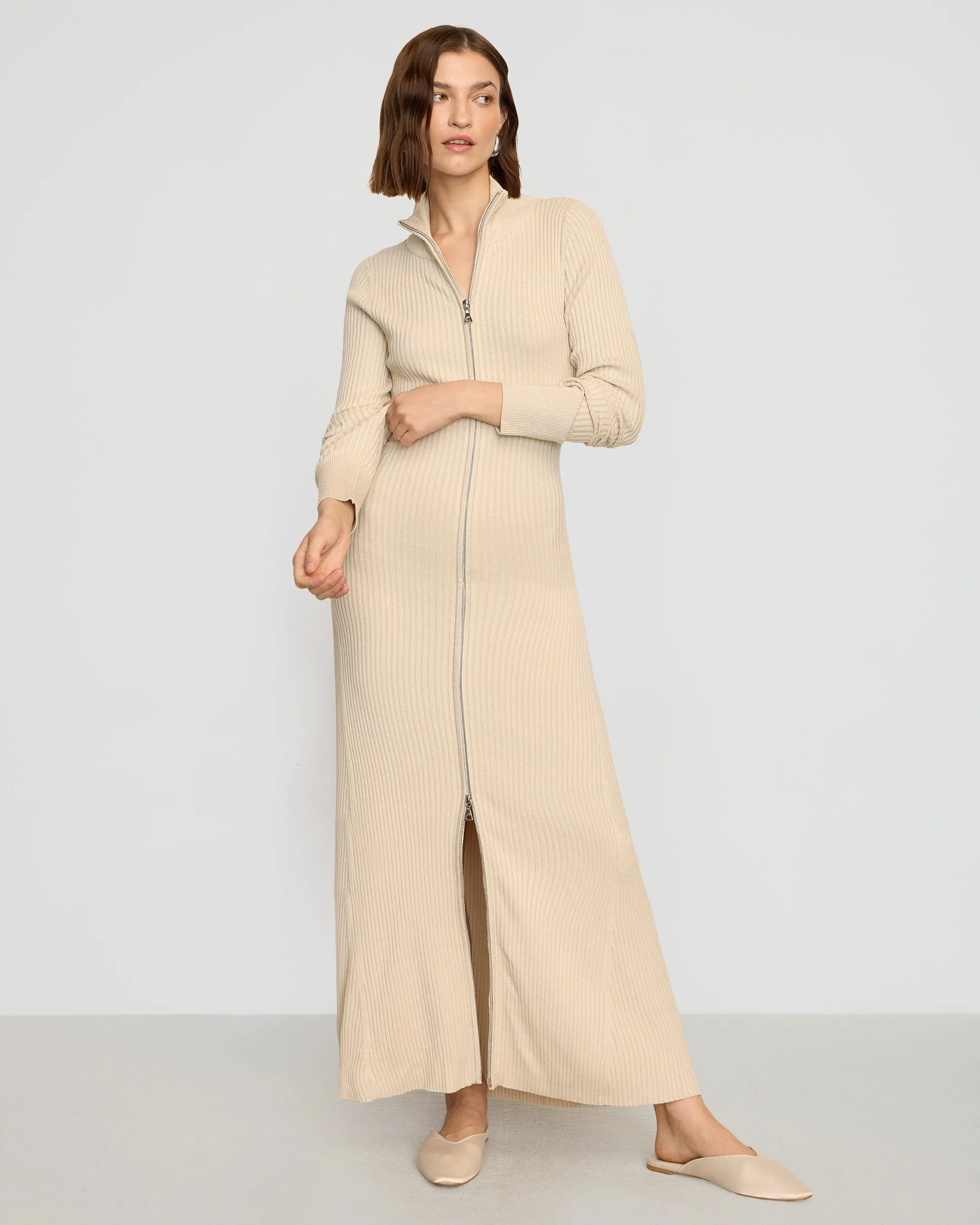 Janne Ribbed Two-Way Zip Sweater Dress Seasonal Style Mediterranean Air