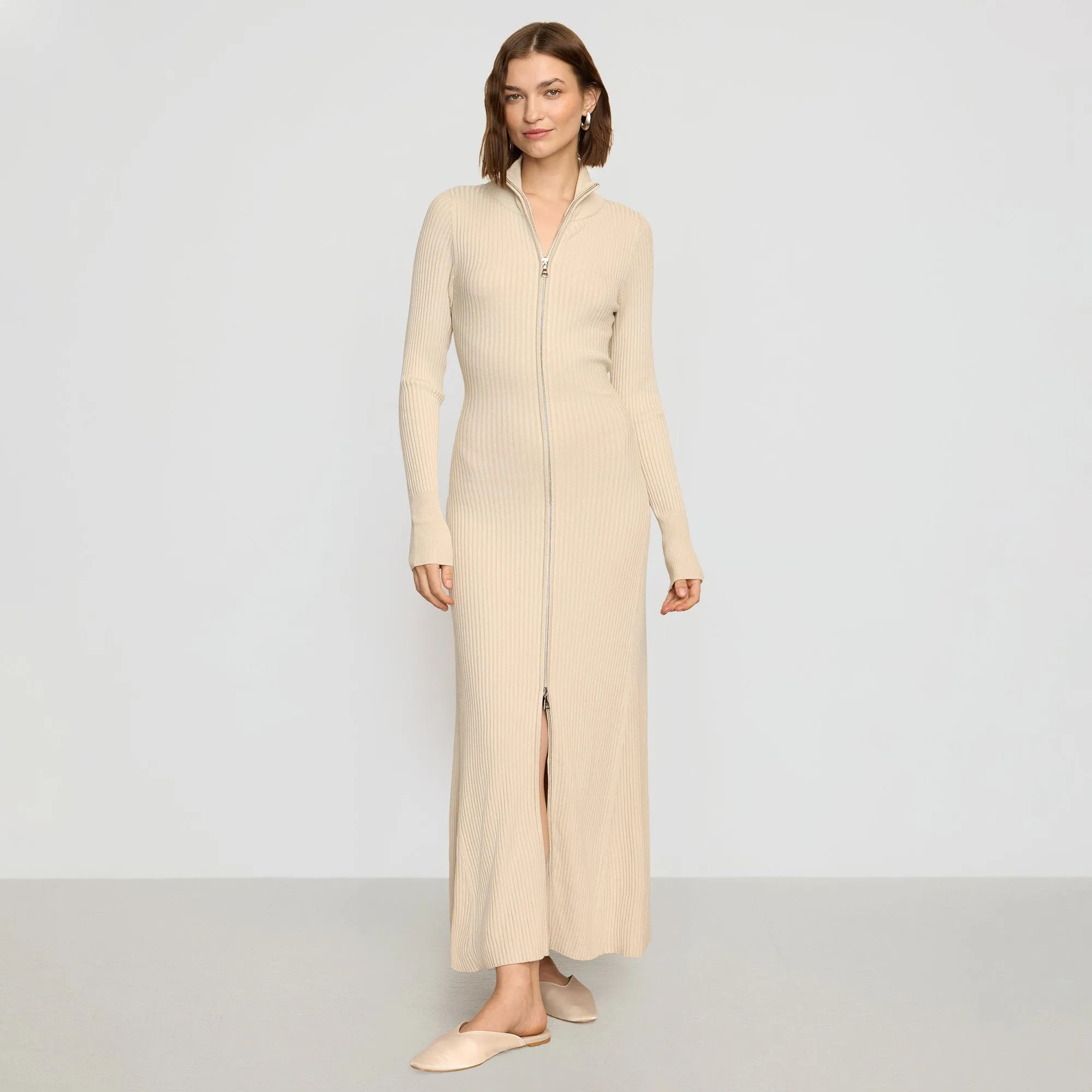 Janne Ribbed Two-Way Zip Sweater Dress Daywear Style AntiOdor Fabric