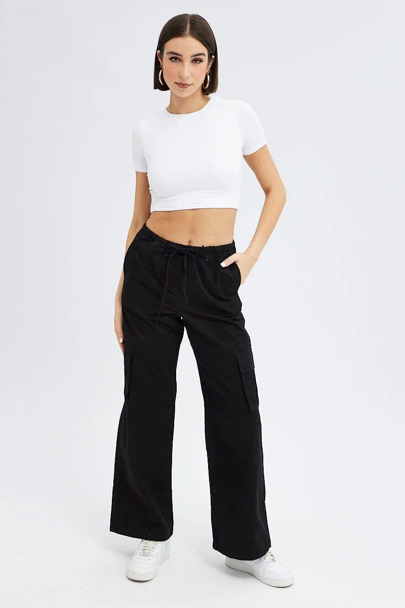 Simple Silhouette Relaxed Fit Black Cargo Pants Wide Leg
