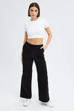 Simple Silhouette Relaxed Fit Black Cargo Pants Wide Leg