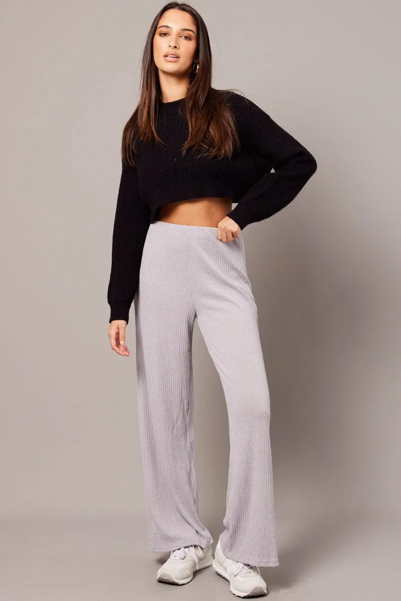 Grey Wide Leg Pants Rib Jersey Anti Snag Fabric Comfy Style