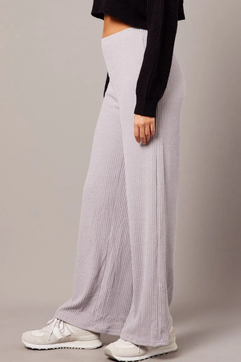 Grey Wide Leg Pants Rib Jersey Softened Hem Simple Comfort Wear