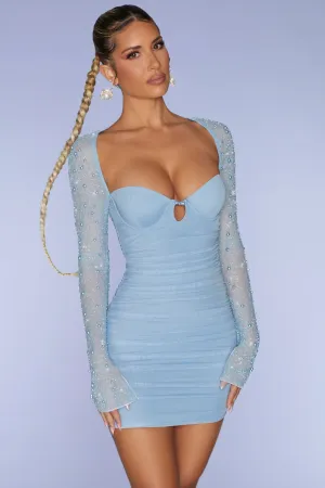 Mini dress with bold colors Scene Cool Embellished Long Sleeve Mini Dress in Blue