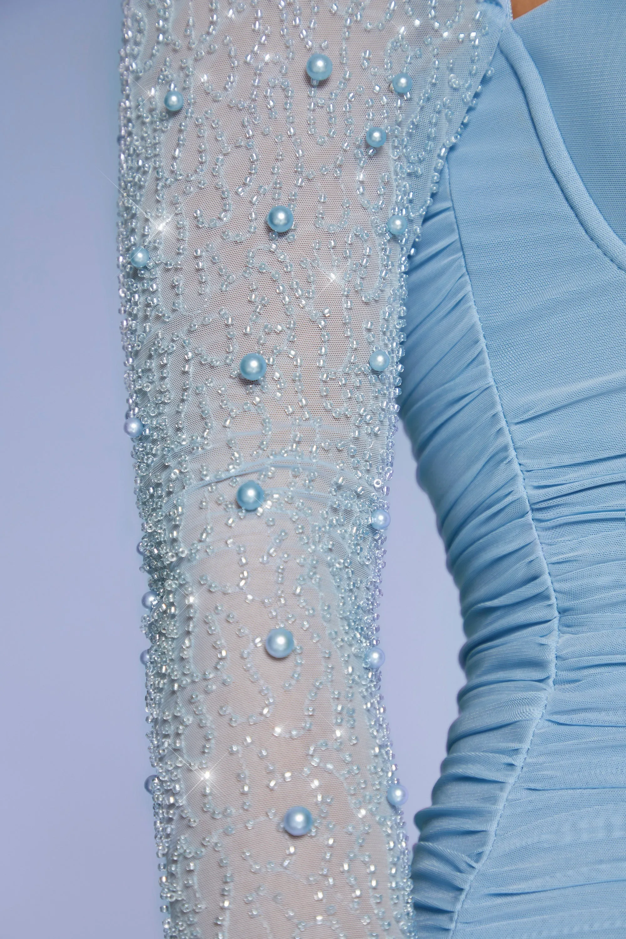 Embellished Long Sleeve Mini Dress in Blue Water Repellent Coating Vibrant Chic