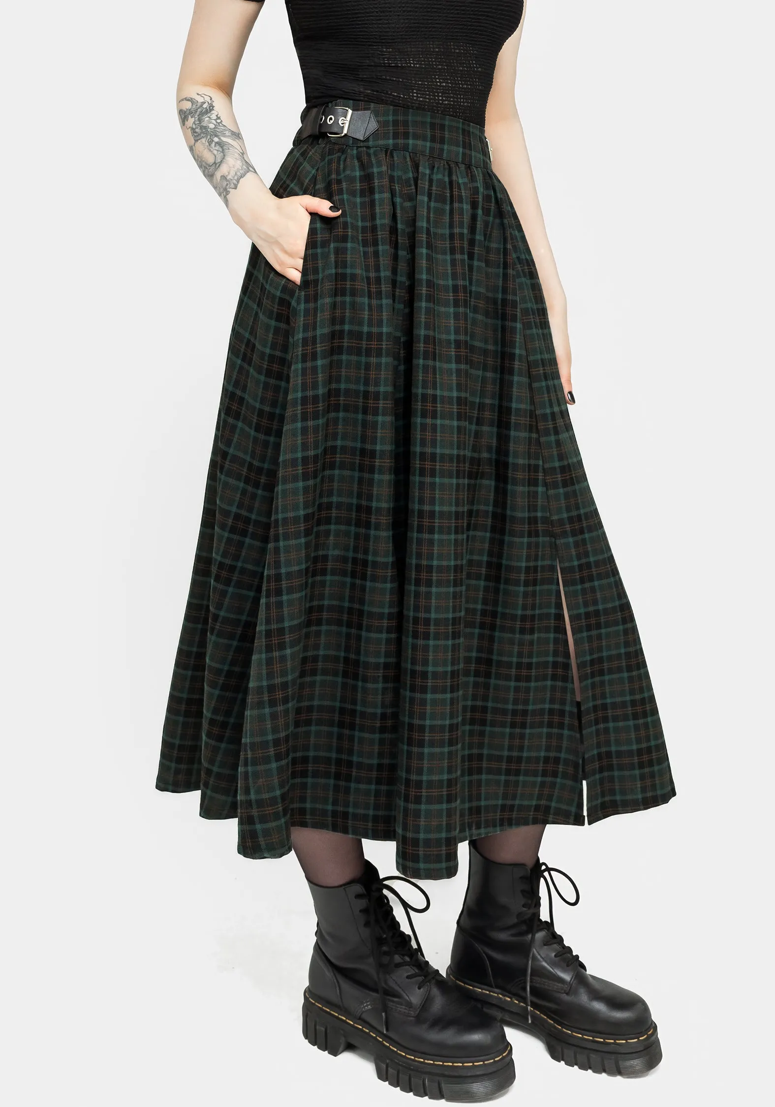 Refined Mood Detachable Detail Nightingale Buckled Check Midi Skirt
