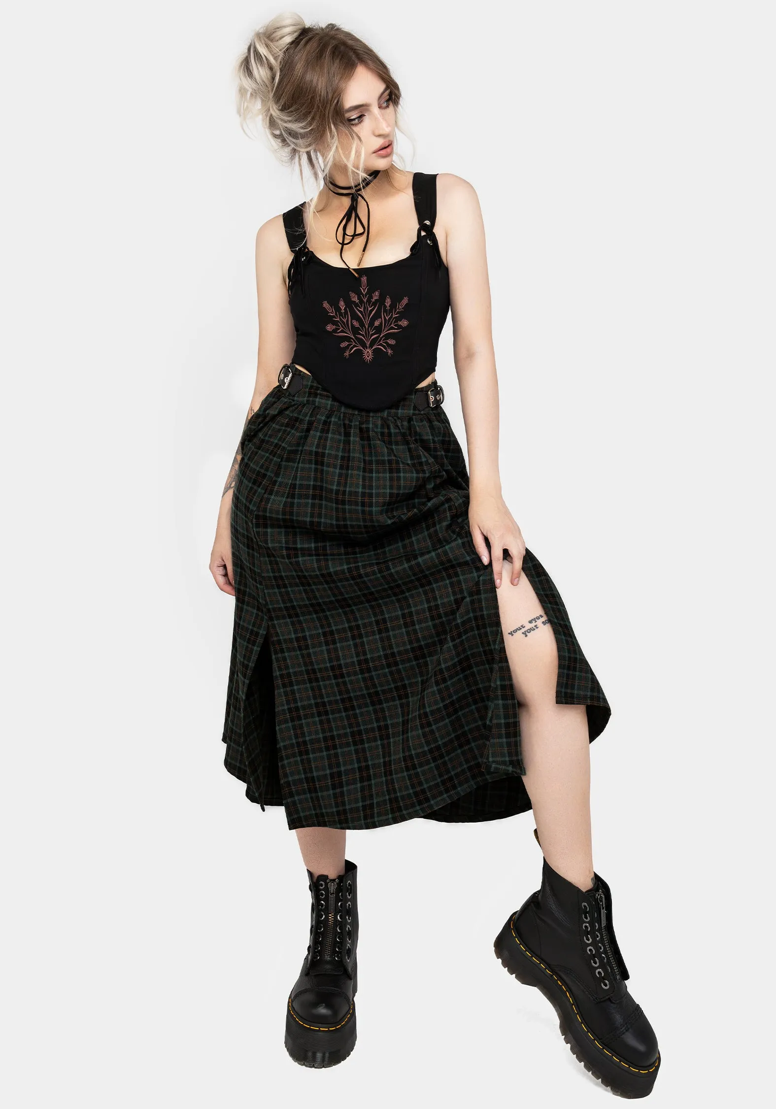 Nightingale Buckled Check Midi Skirt Classic Look Matching Belt