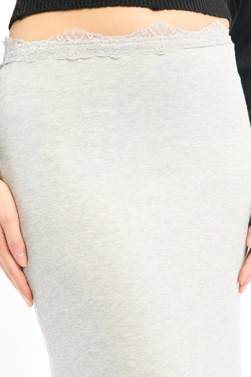 Grey Maxi Skirt Elasticated Lace Trim Jersey Lined Comfy Fit Simple Motion
