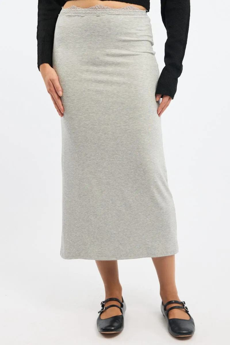 Grey Maxi Skirt Elasticated Lace Trim Jersey Lined Travel Ease Outfit Lineup
