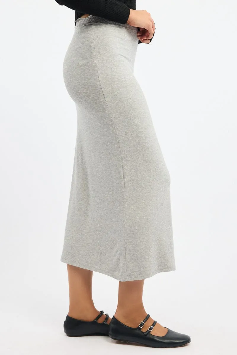Soft Lining Grey Maxi Skirt Elasticated Lace Trim Jersey Lined