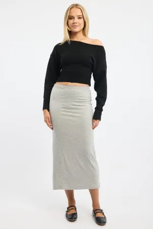 High Rise Grey Maxi Skirt Elasticated Lace Trim Jersey Lined