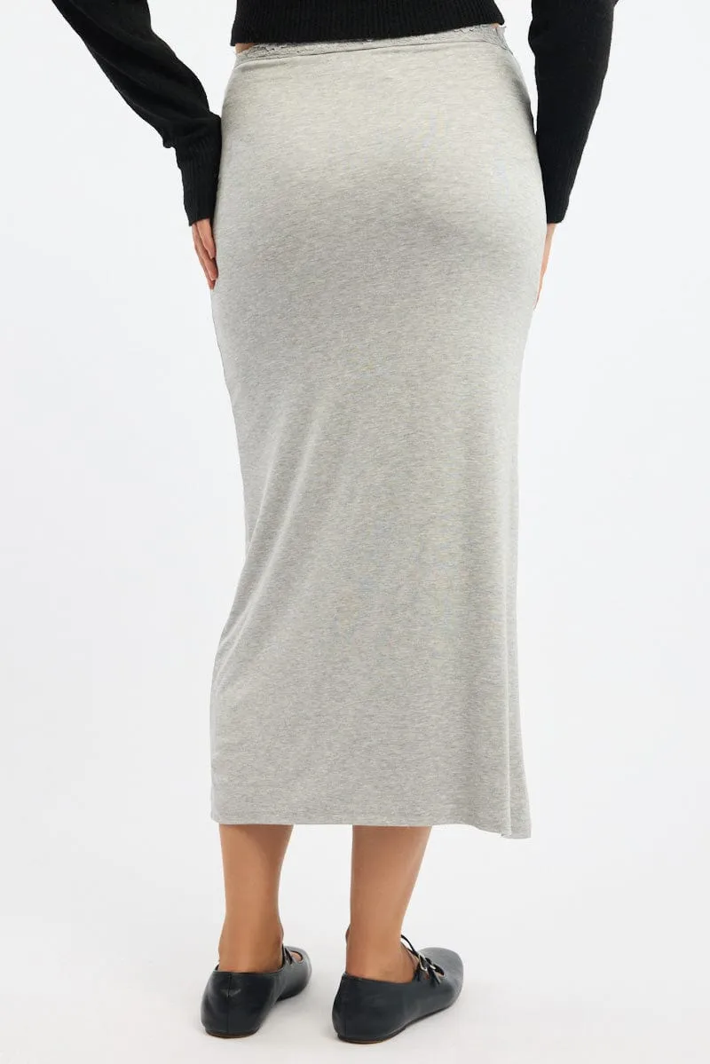 Grey Maxi Skirt Elasticated Lace Trim Jersey Lined Built In Shorts Neutral palette