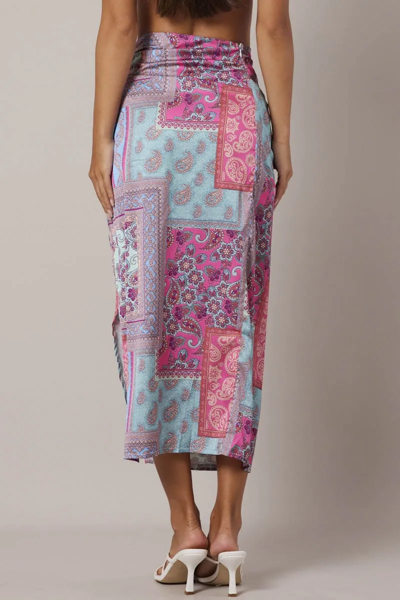 Quick Wear Multi Paisley Scarf Maxi Skirt Gathered Wrap Paisley Satin Skirt