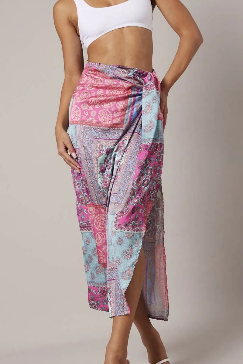 Outfit Mood Date night Multi Paisley Scarf Maxi Skirt Gathered Wrap Paisley Satin Skirt