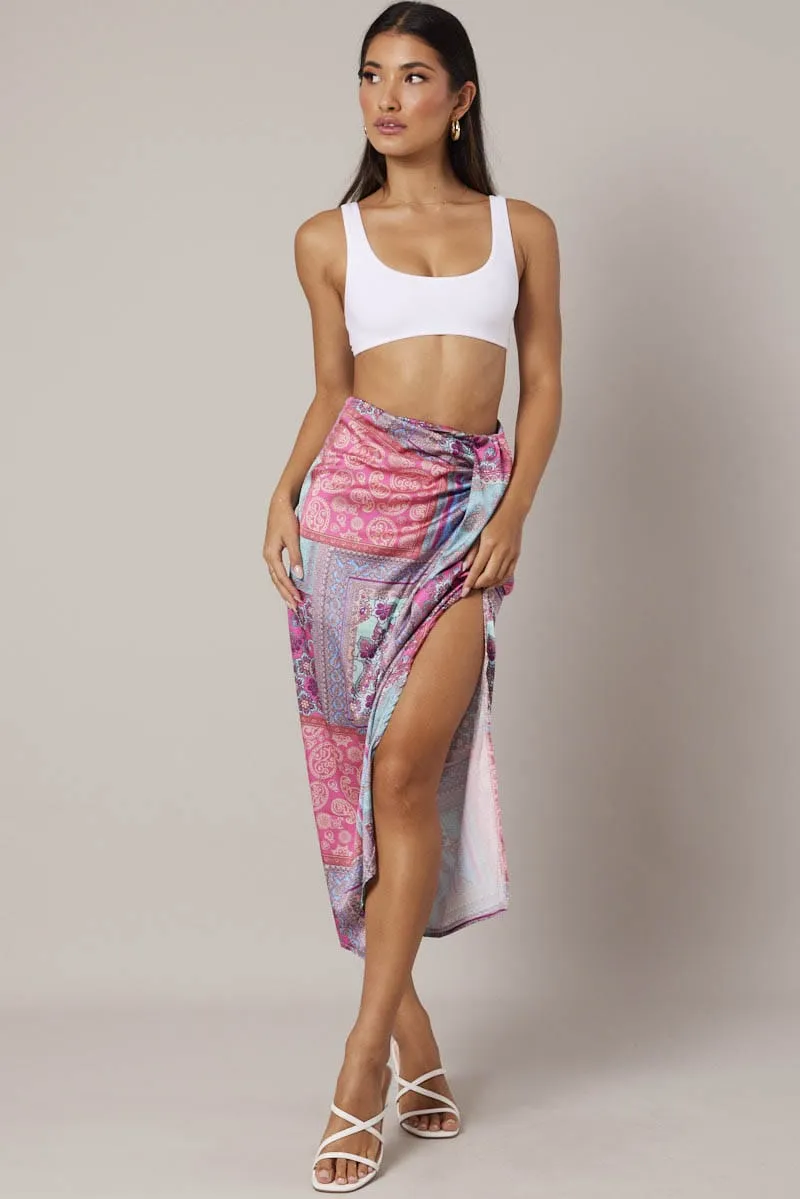 Multi Paisley Scarf Maxi Skirt Gathered Wrap Paisley Satin Skirt Soft Movement Cashmere Touch
