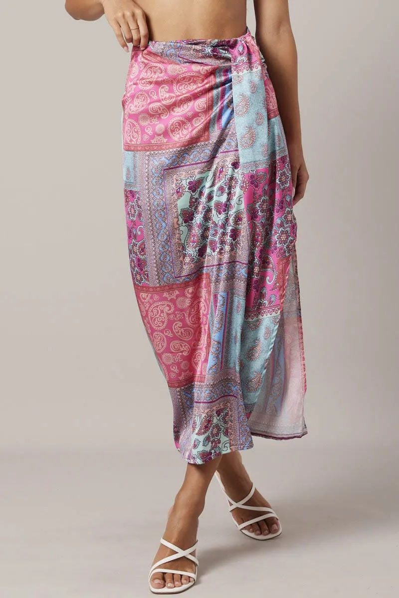 Style Moment Multi Paisley Scarf Maxi Skirt Gathered Wrap Paisley Satin Skirt