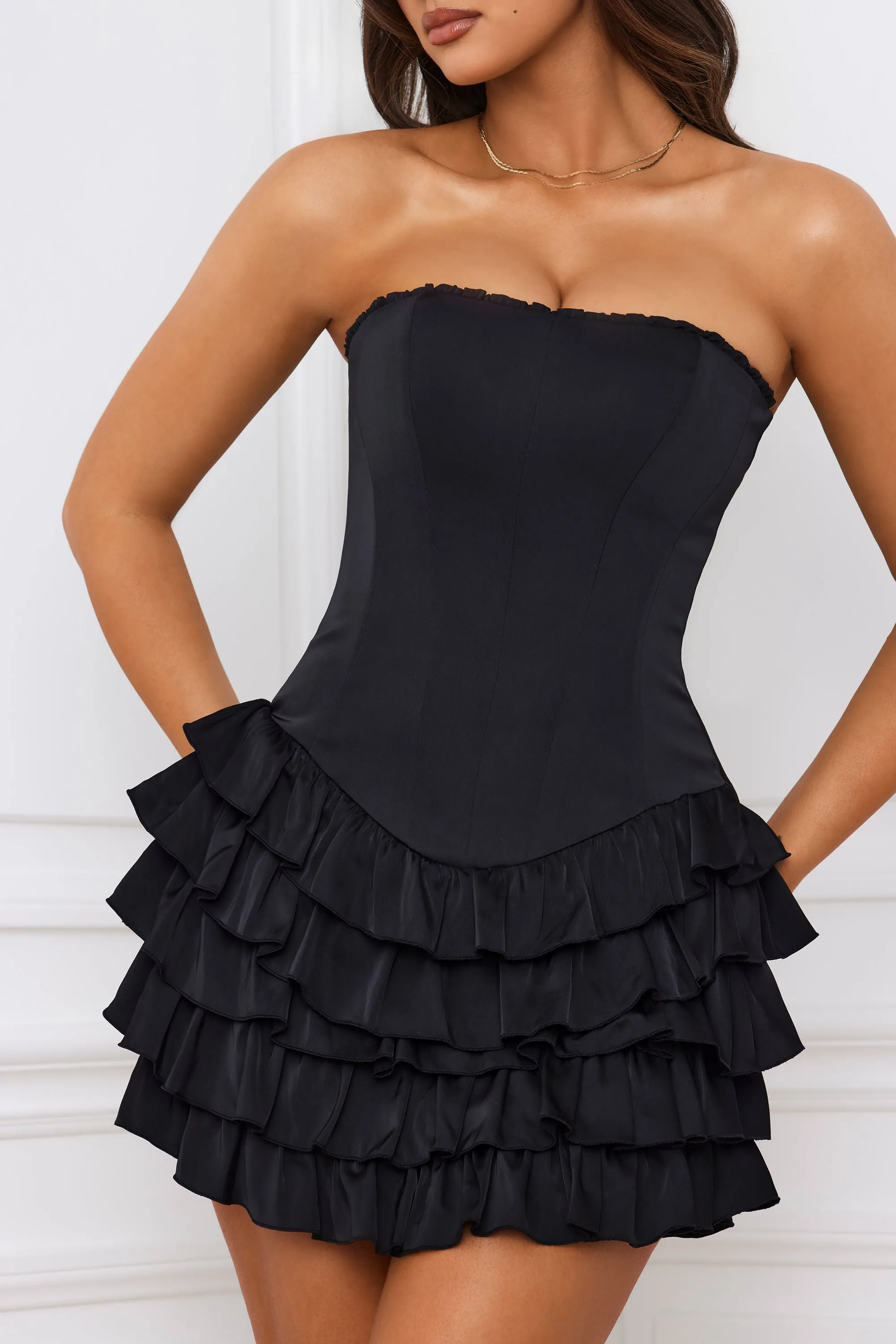Bandeau Ruffled Tiered Corset Mini Dress in Black Flattering Silhouette Flattering Cut