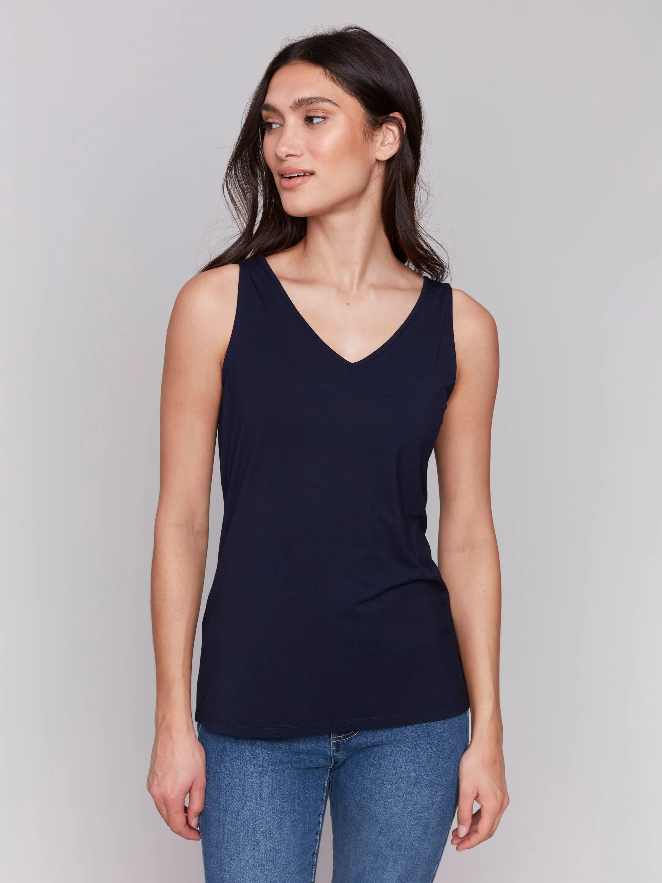 Pastel color Leather combination Reversible Bamboo Cami - Navy