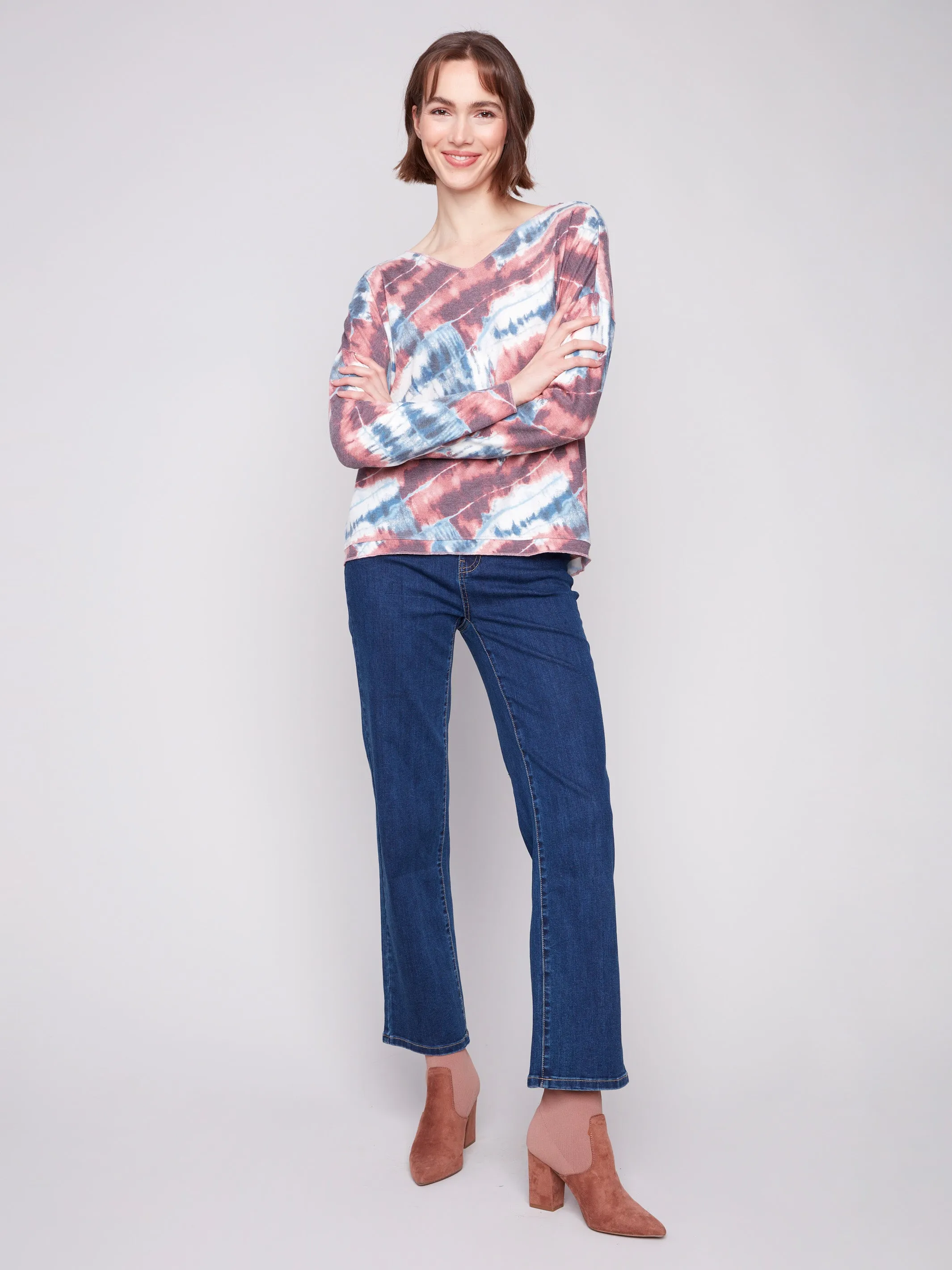 theater visit Printed V-neck Knit Top - Dreamy Pink