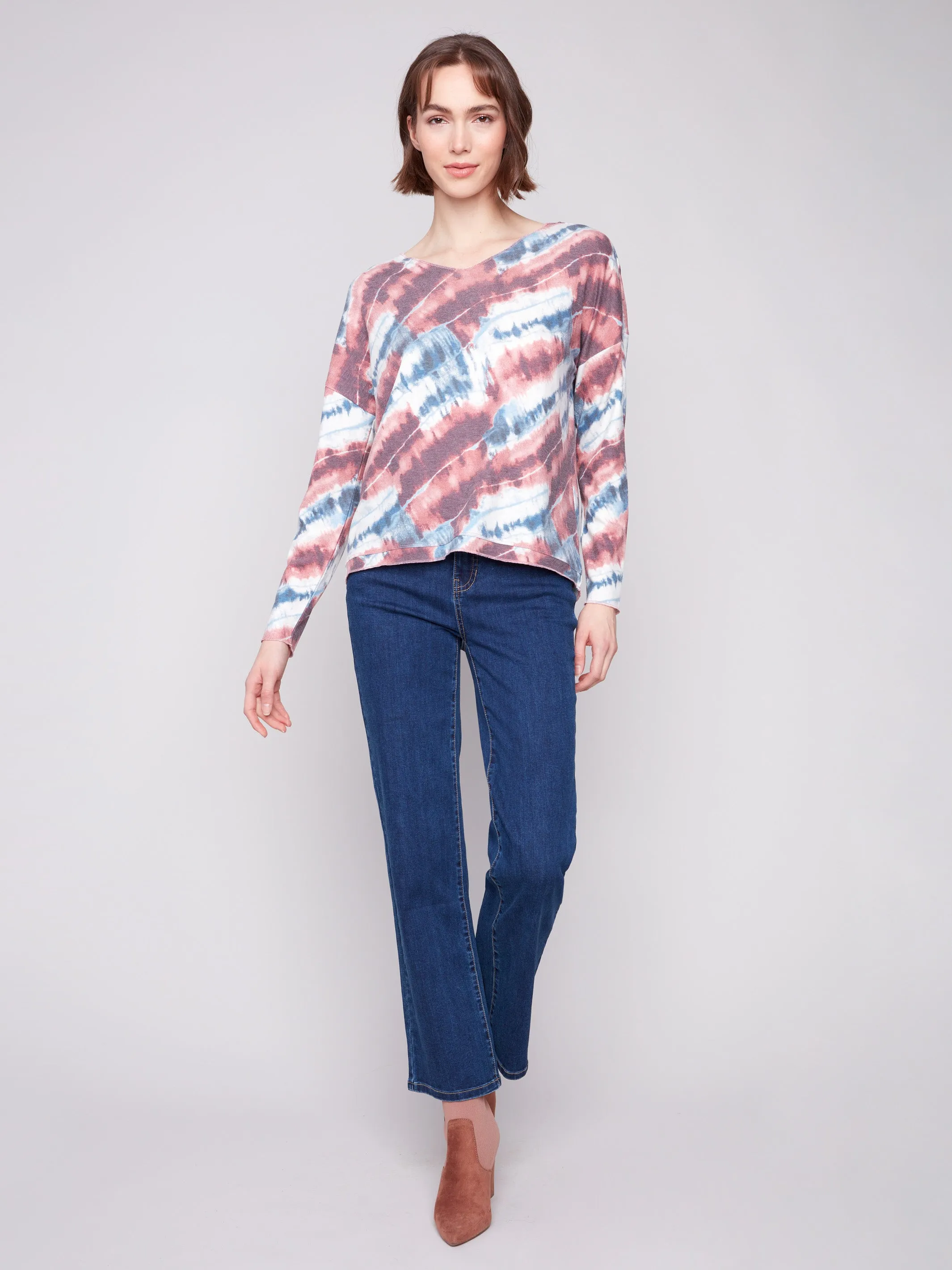 Printed V-neck Knit Top - Dreamy Pink short sleeved Perfect For Relaxing