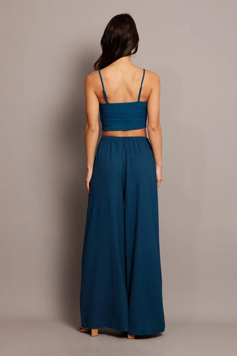 Dark wash Functional Ease Blue Wide Leg Pants High Rise Textured Fabric