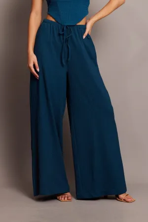 Perfect Stretch Blue Wide Leg Pants High Rise Textured Fabric