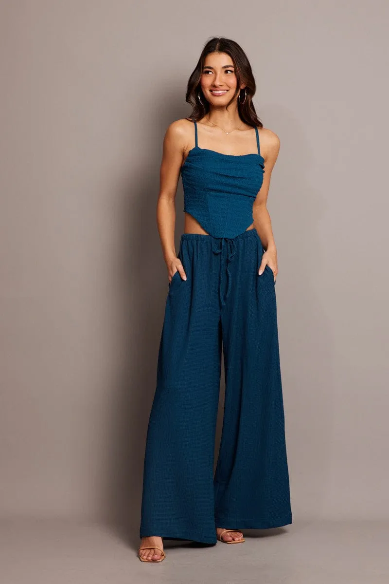 Walk Friendly Blue Wide Leg Pants High Rise Textured Fabric