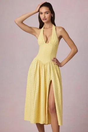 WaterRepellent Finish Broderie Anglaise Halterneck Midaxi Dress in Lemon Yellow