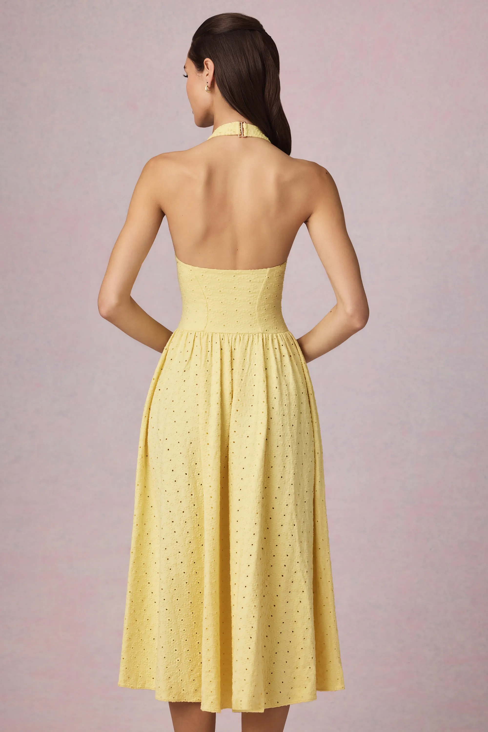 Broderie Anglaise Halterneck Midaxi Dress in Lemon Yellow Polish Tone OdorControl Technology