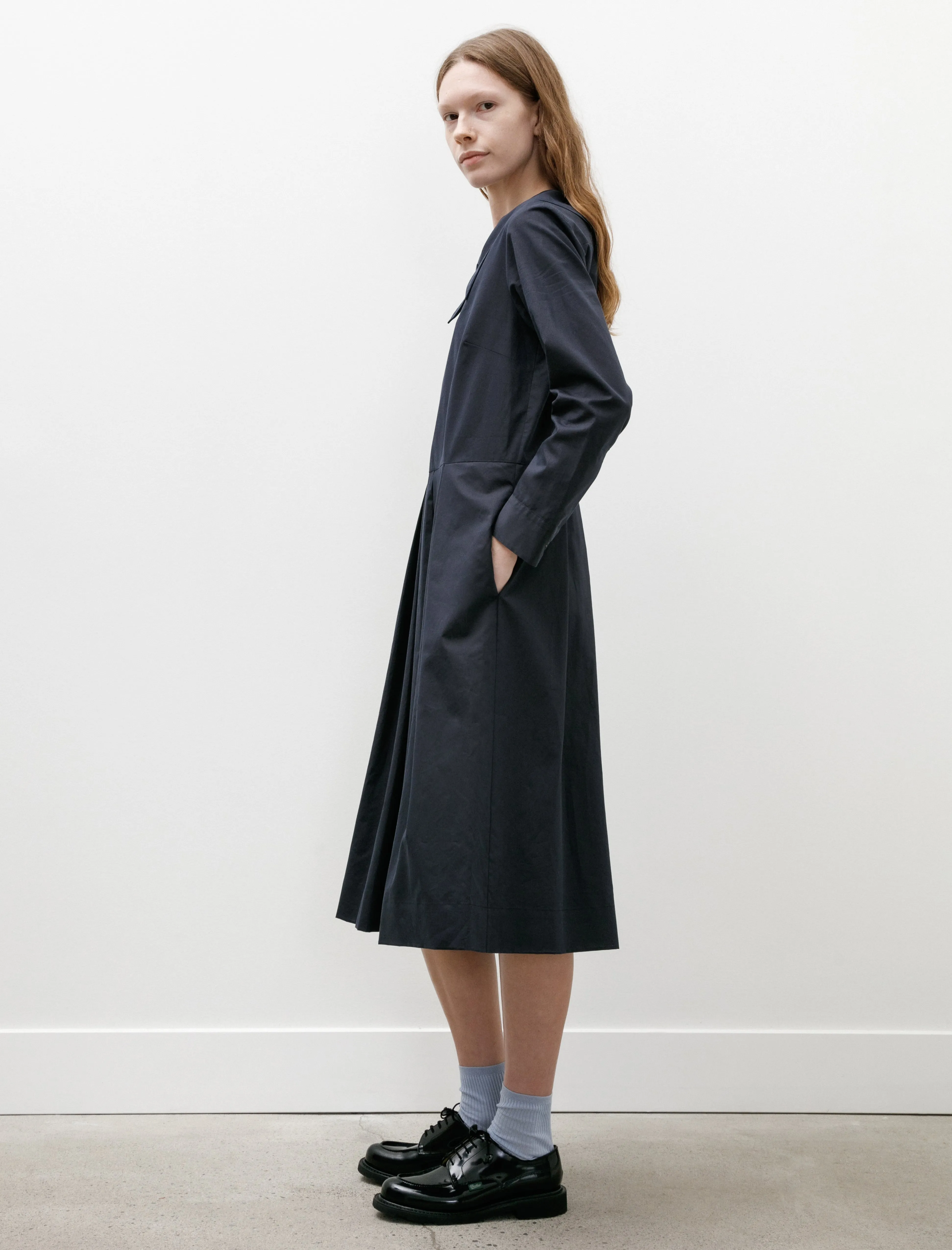 Green Fit Big Collar Dress Soft Cotton Silk Navy