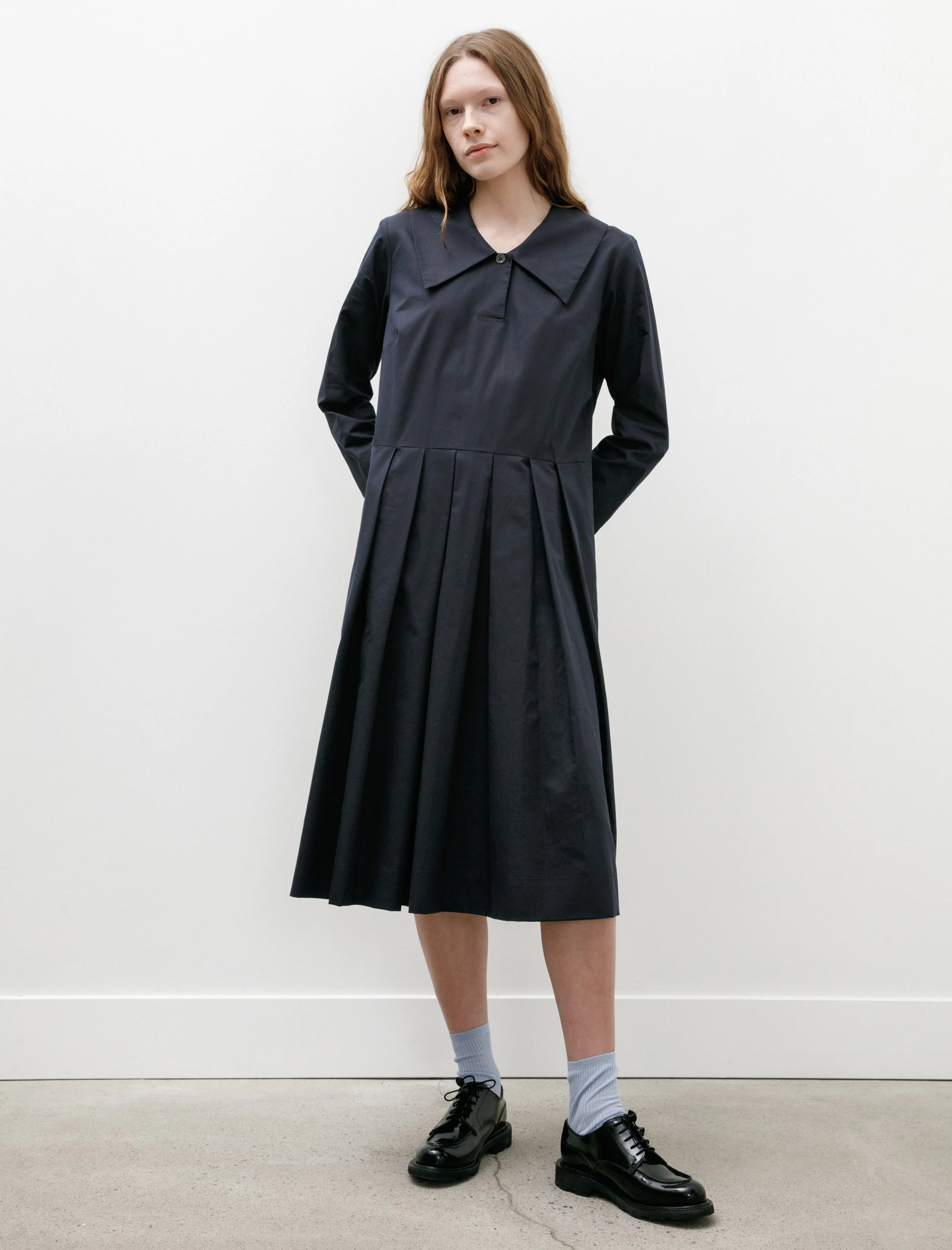 ComfortWaistband Stretchable Material Big Collar Dress Soft Cotton Silk Navy