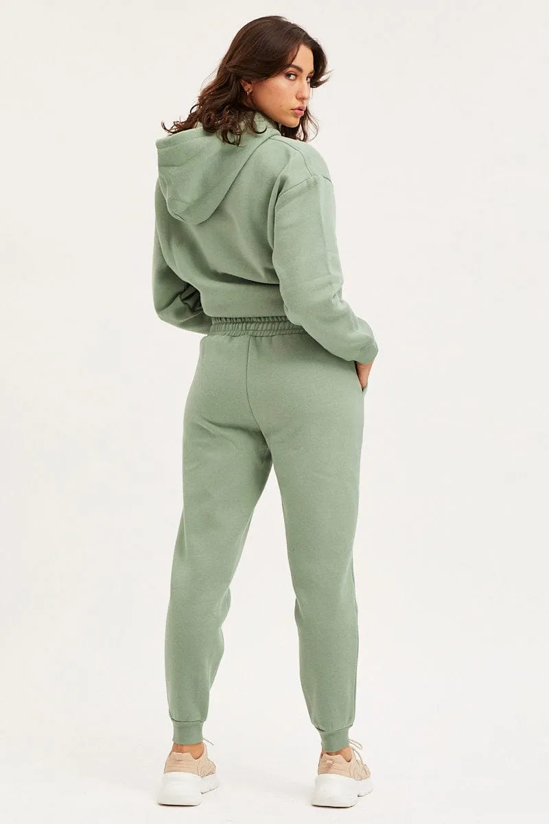 Recycled Polyester Blend Sporty Design Green Track Pants High Rise Unisex