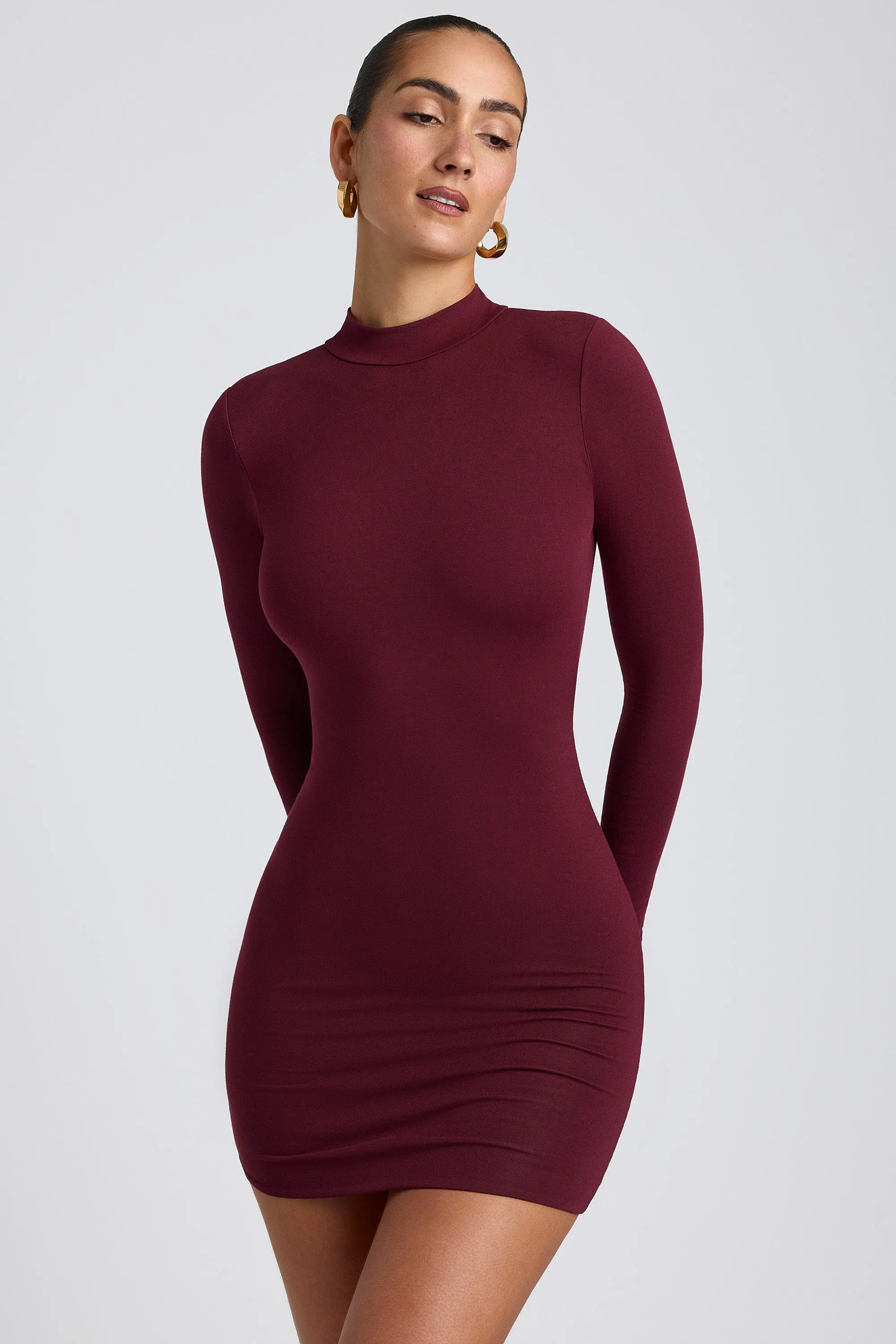 Modal Open-Back Long-Sleeve Mini Dress in Plum Floral Prints Wear Smart Fit Look