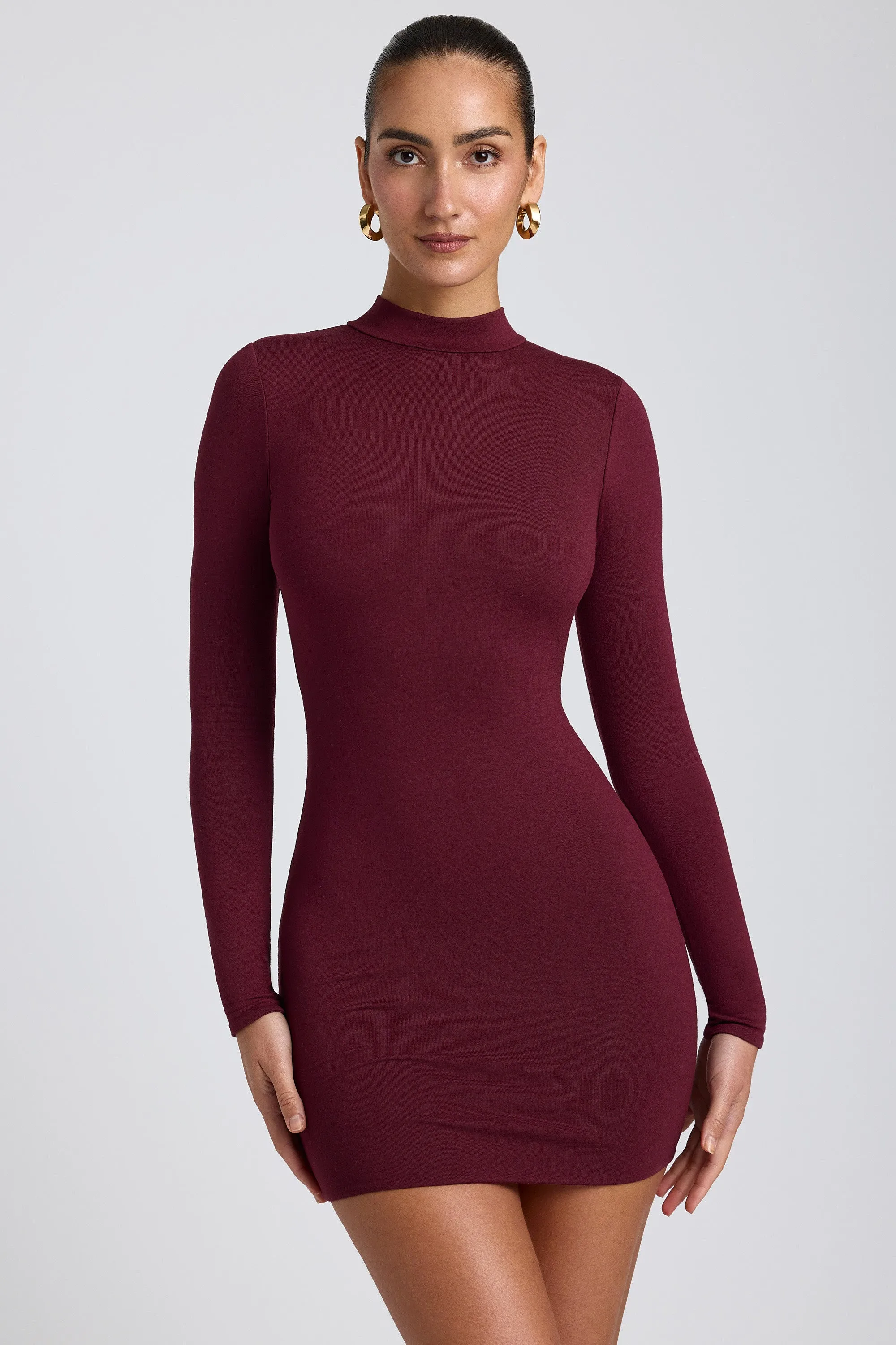 Secure Closure Simple Wear Modal Open-Back Long-Sleeve Mini Dress in Plum
