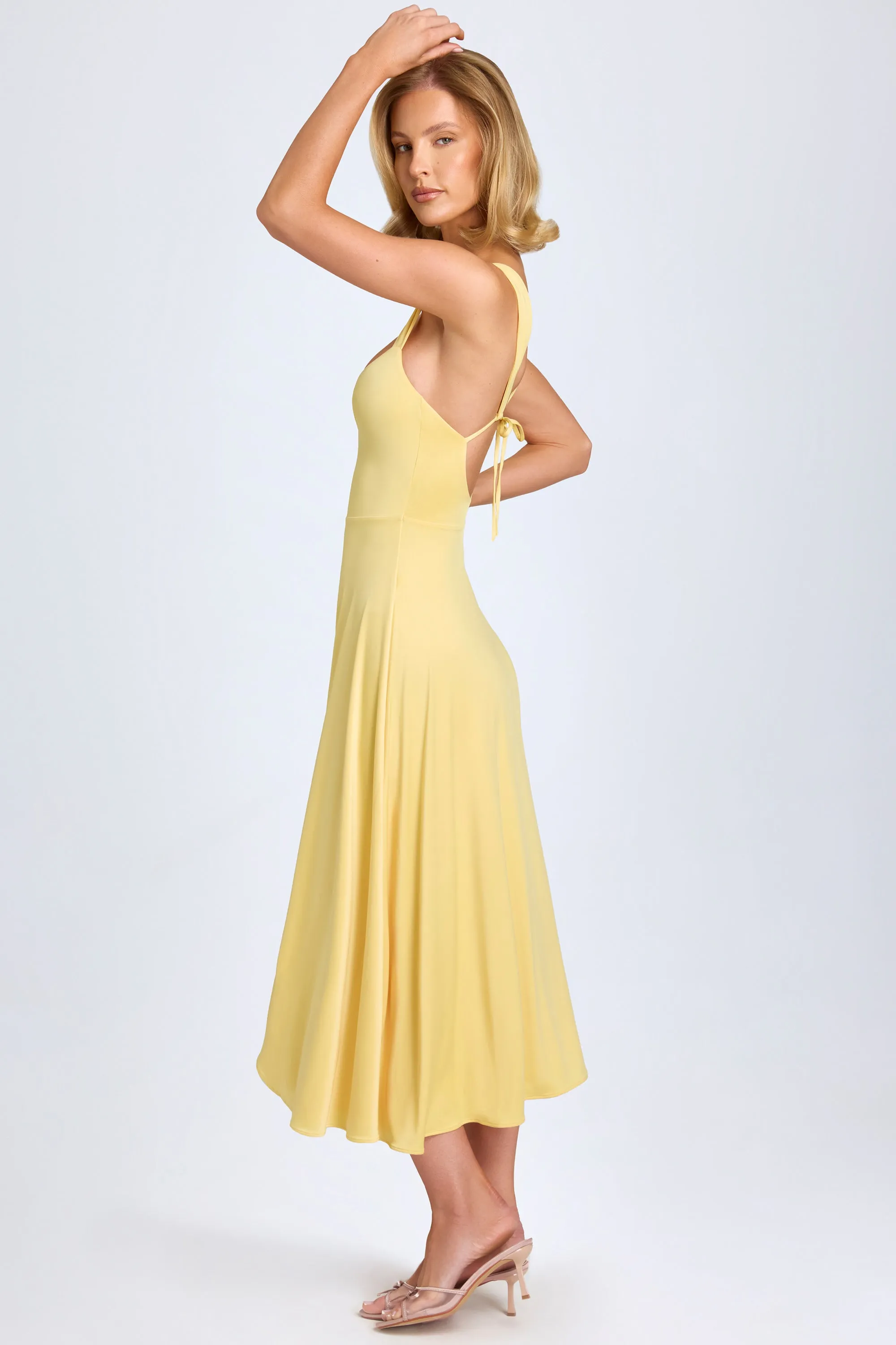 Sweetheart-Neck Ruched Midaxi Dress in Pastel Yellow SeamlessPockets