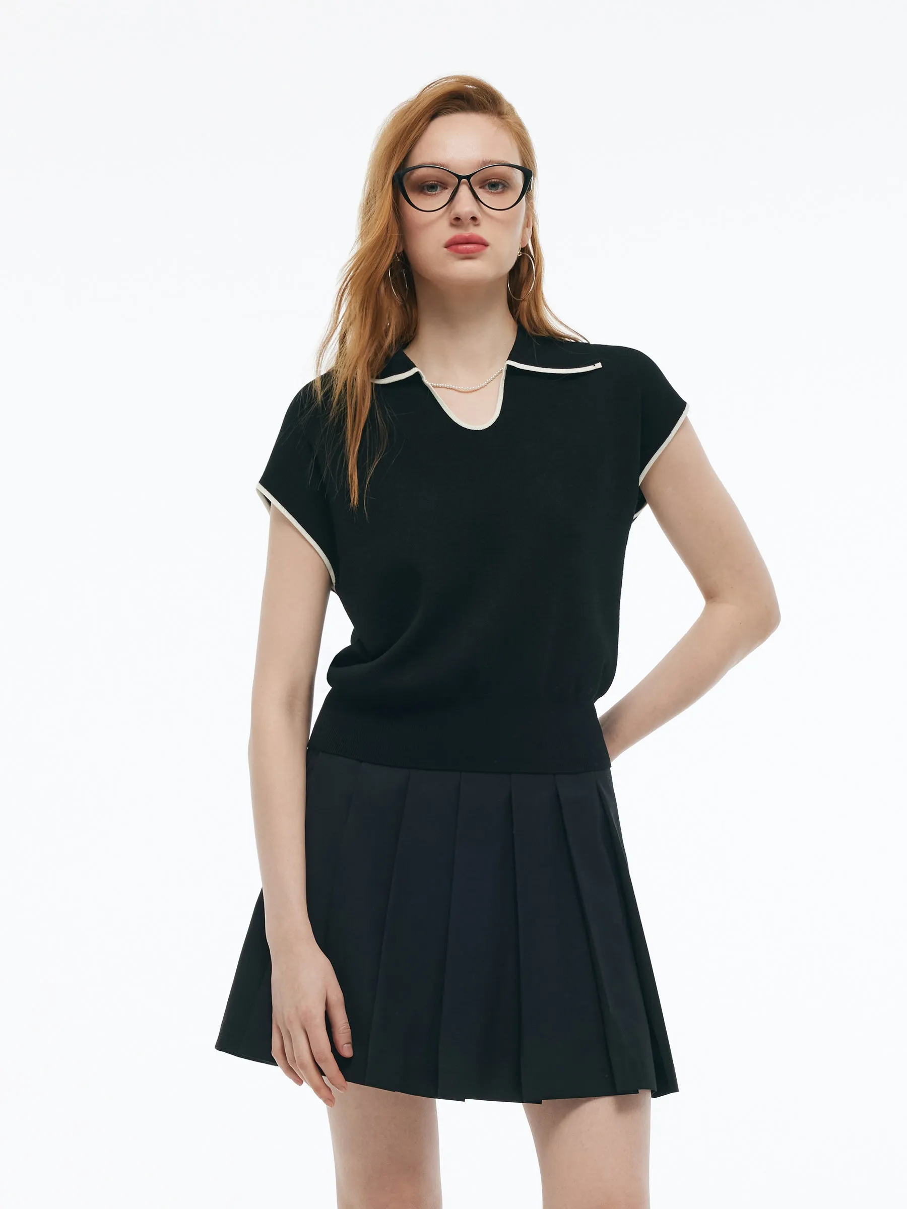 Tencel Blend Contrast Trim Women Knit Top UltraLightweight Laser Cut Edges