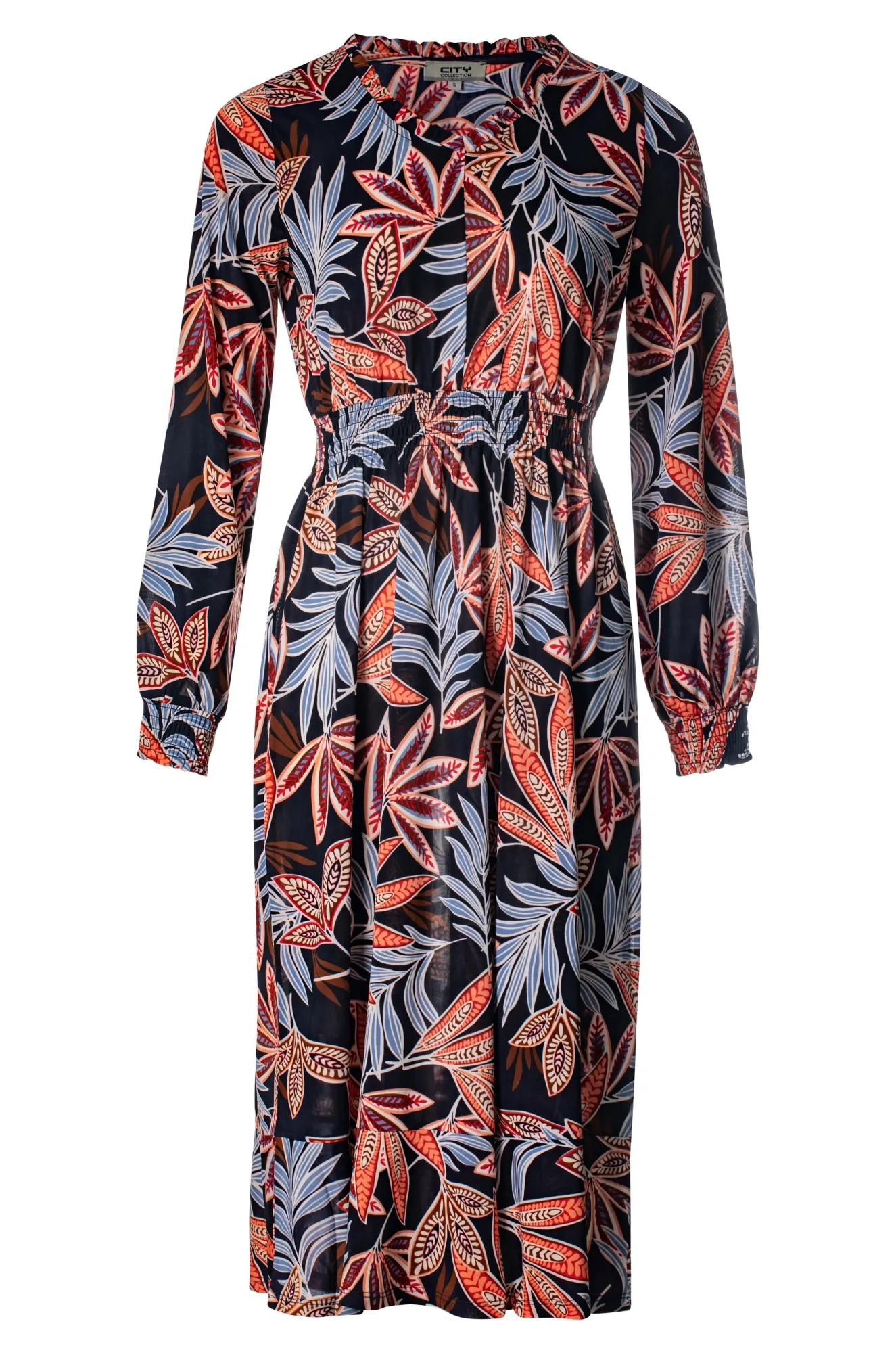 LowProfile Design New Day V neck printed Slinky Dress | Navy Spice Leaf | 7406BR