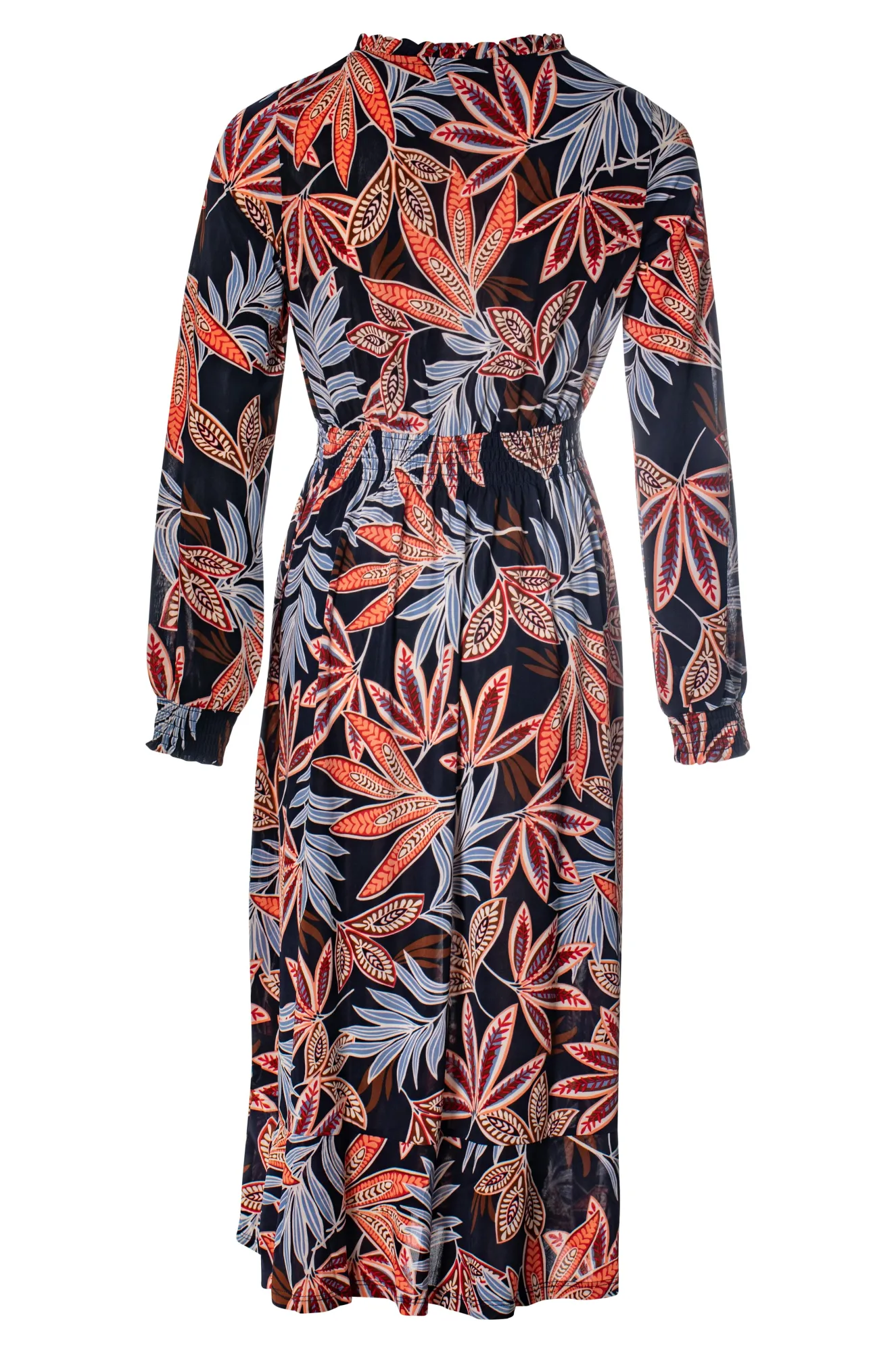 DurableWeave Scandi Clean V neck printed Slinky Dress | Navy Spice Leaf | 7406BR