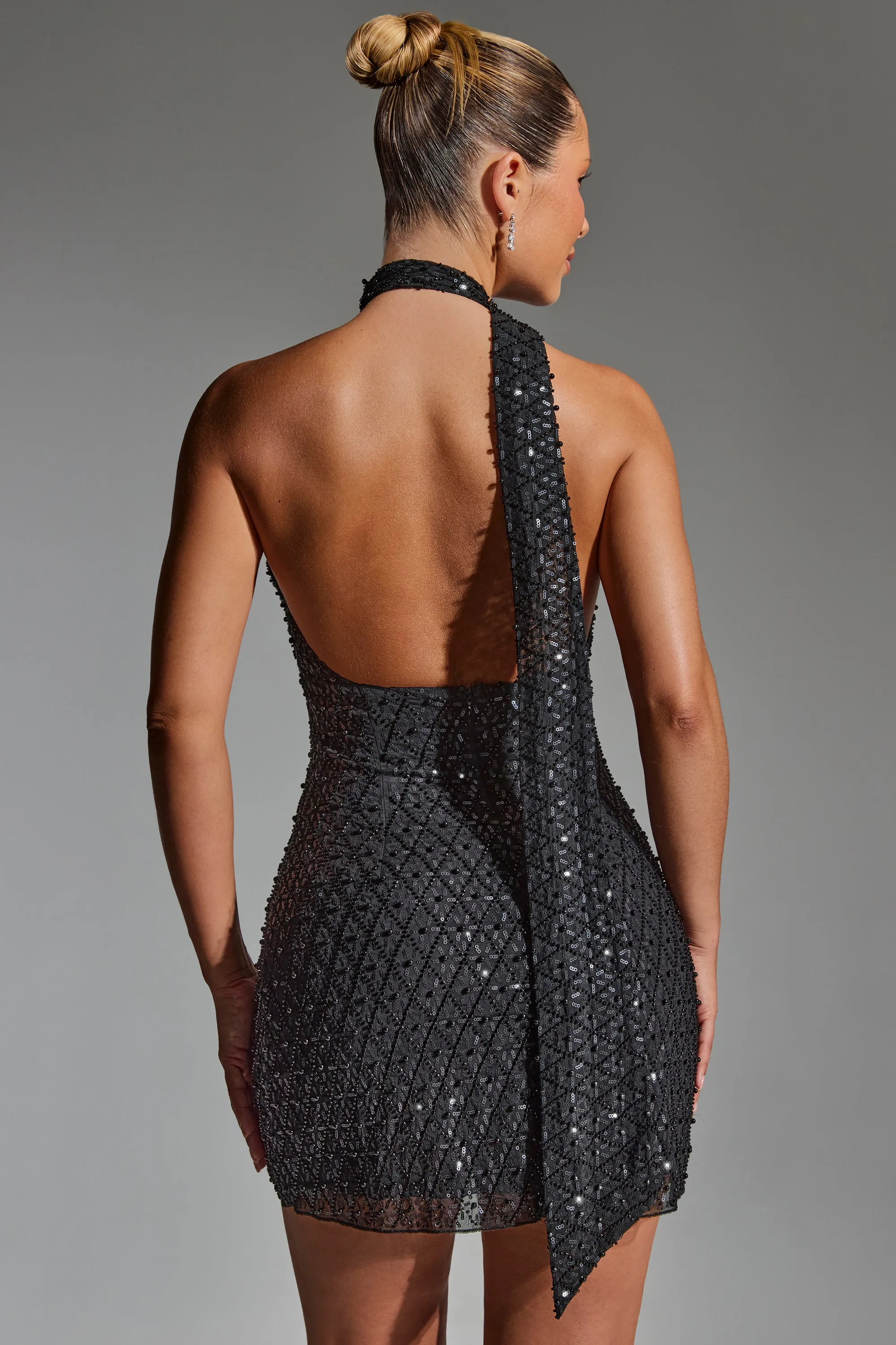 Embellished Scarf-Detail Halterneck Mini Dress in Black Club Glow