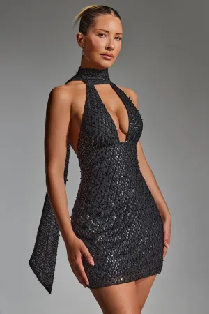 Embellished Scarf-Detail Halterneck Mini Dress in Black Versatile Look