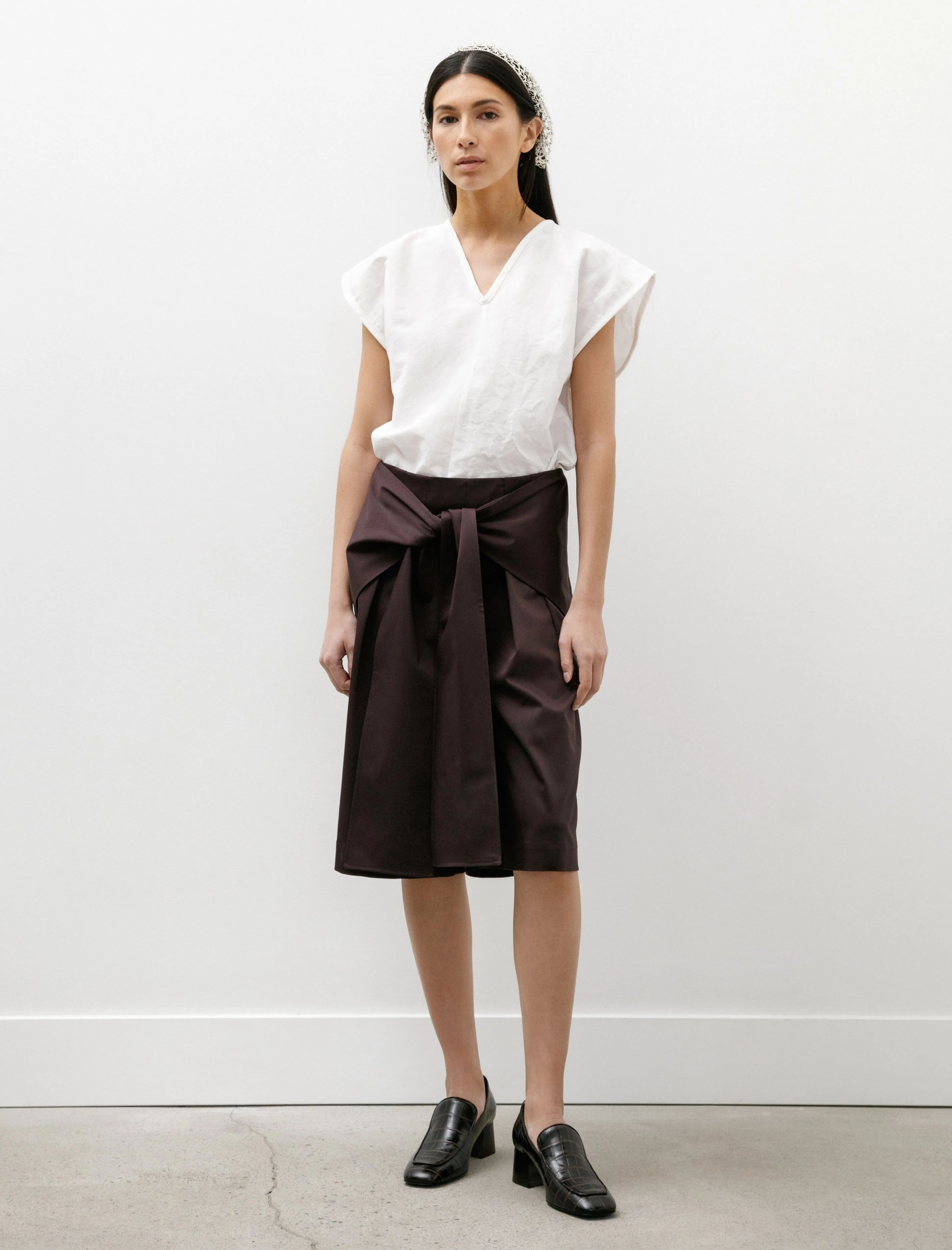 Double Pleated Shorts with Ties Brown garden party wear warm tones