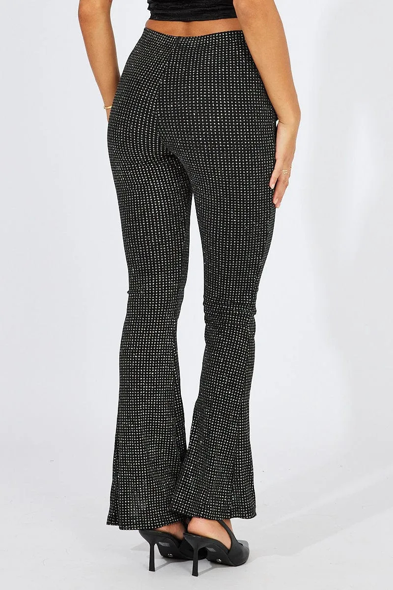 Reinforced Pockets Black Flare Leg Pants Metallic