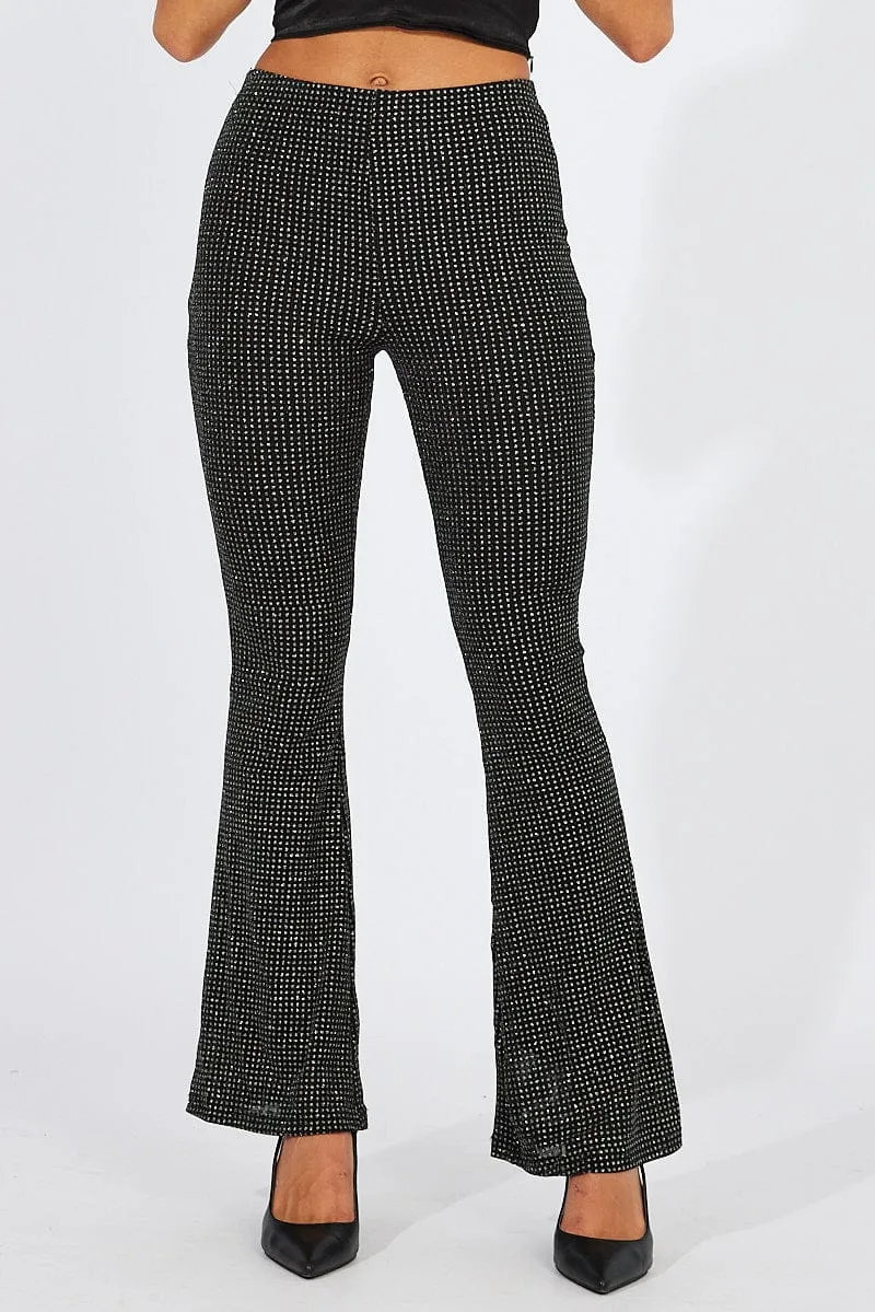 Black Flare Leg Pants Metallic Streetwear vibe AdjustableWaistband